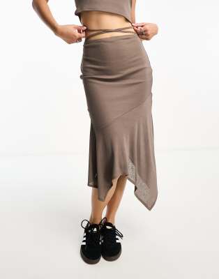 Reclaimed Vintage Sheer Asymmetric Midi Skirt With Tie Waist In Brown-yellow