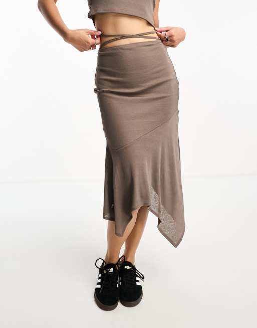 Reclaimed Vintage sheer asymmetric midi skirt with tie waist in brown