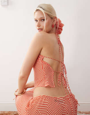 Reclaimed Vintage Reclaimed Vintage sheer beach top with open back in red stripe print co-ord-Multi