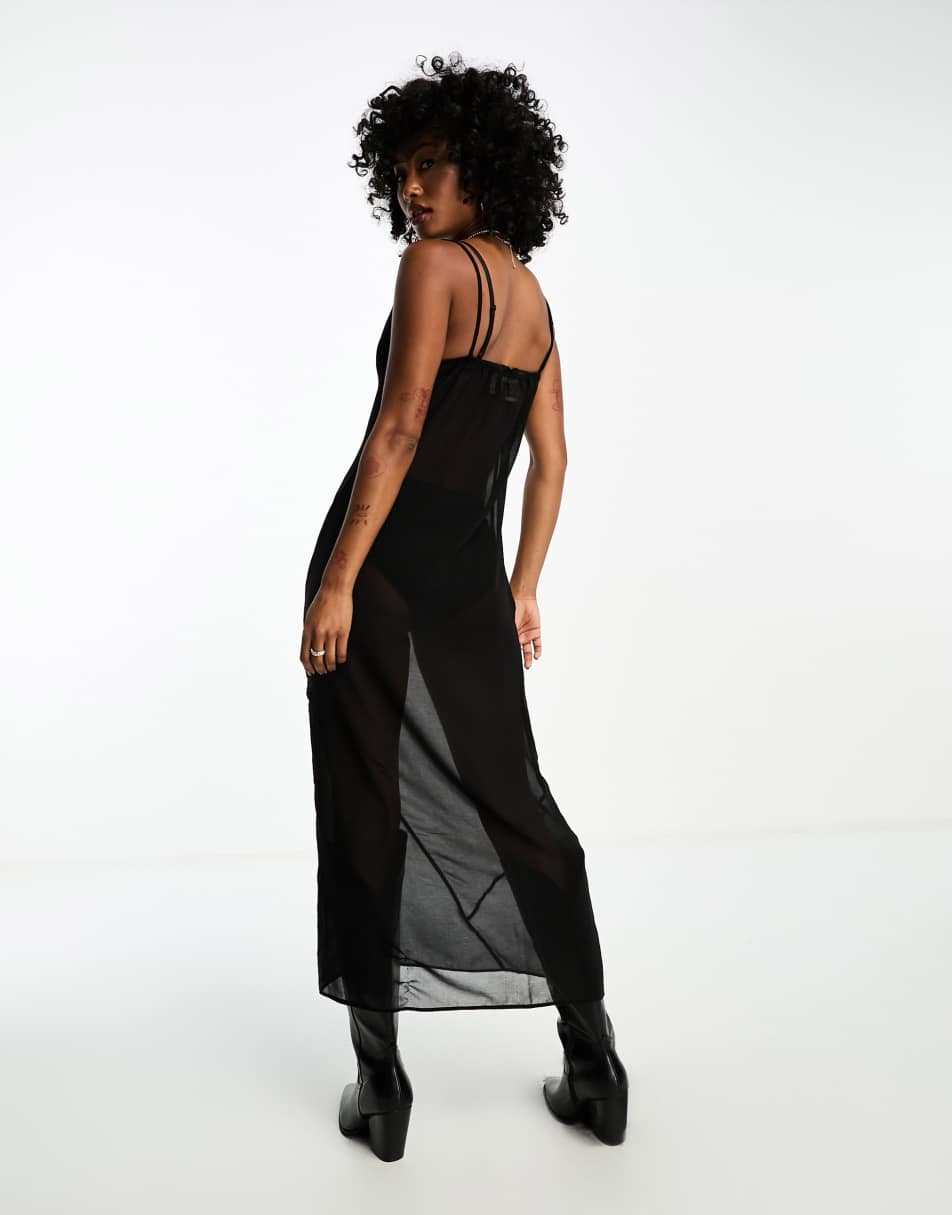 Reclaimed Vintage sheer cami dress with tie front in black 0