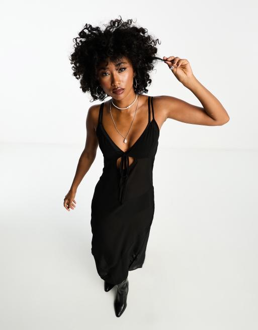 Reclaimed Vintage sheer cami dress with tie front in black ASOS