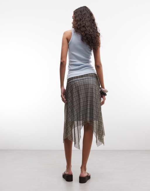 Reclaimed Vintage sheer check asymmetric midi skirt in khaki co-ord, 2 of 5