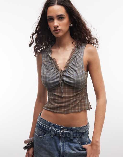Reclaimed Vintage sheer check top in khaki (part of a set)