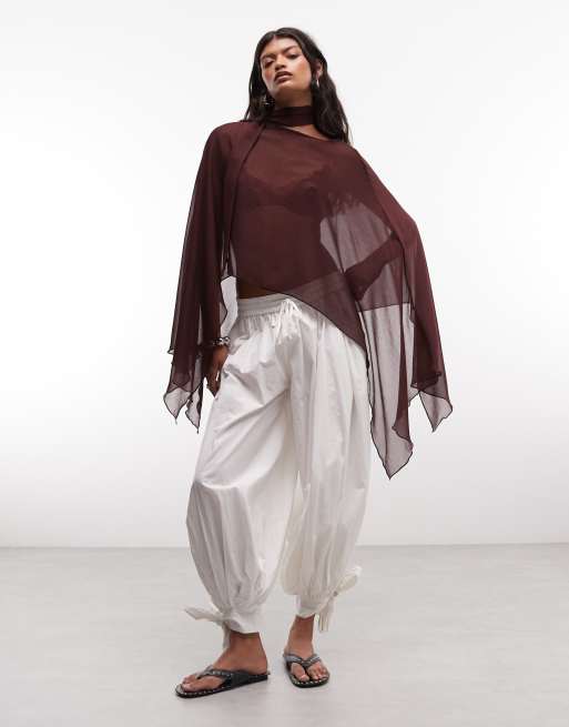 Reclaimed vintage sheer chiffon poncho in chocolate brown, 2 of 4