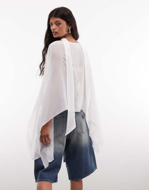 Reclaimed vintage sheer chiffon poncho in ivory, 4 of 4