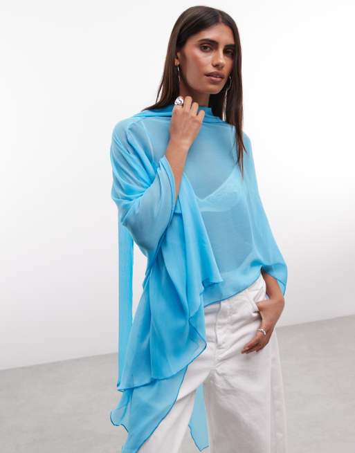Reclaimed vintage sheer chiffon poncho in turquoise