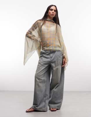 Reclaimed Vintage Sheer Chiffon Printed Check Cape With Scarf-white In Multi