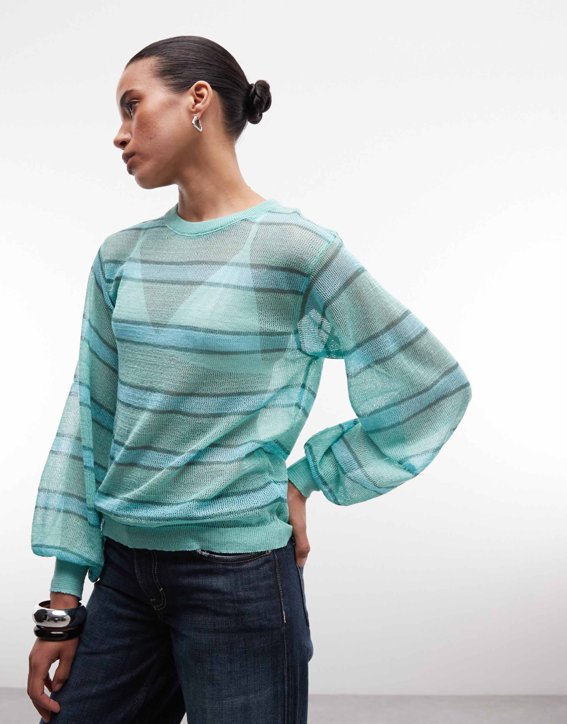 reclaimed vintage sheer knit striped balloon sweater