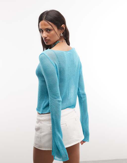 Reclaimed Vintage sheer knit sweater in teal, 4 of 4