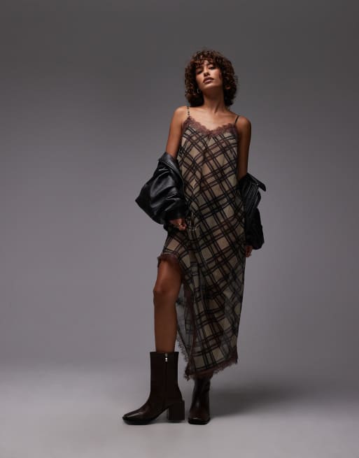 Reclaimed Vintage sheer layering midi dress with asymmetric hem and lace trim in chocolate brown