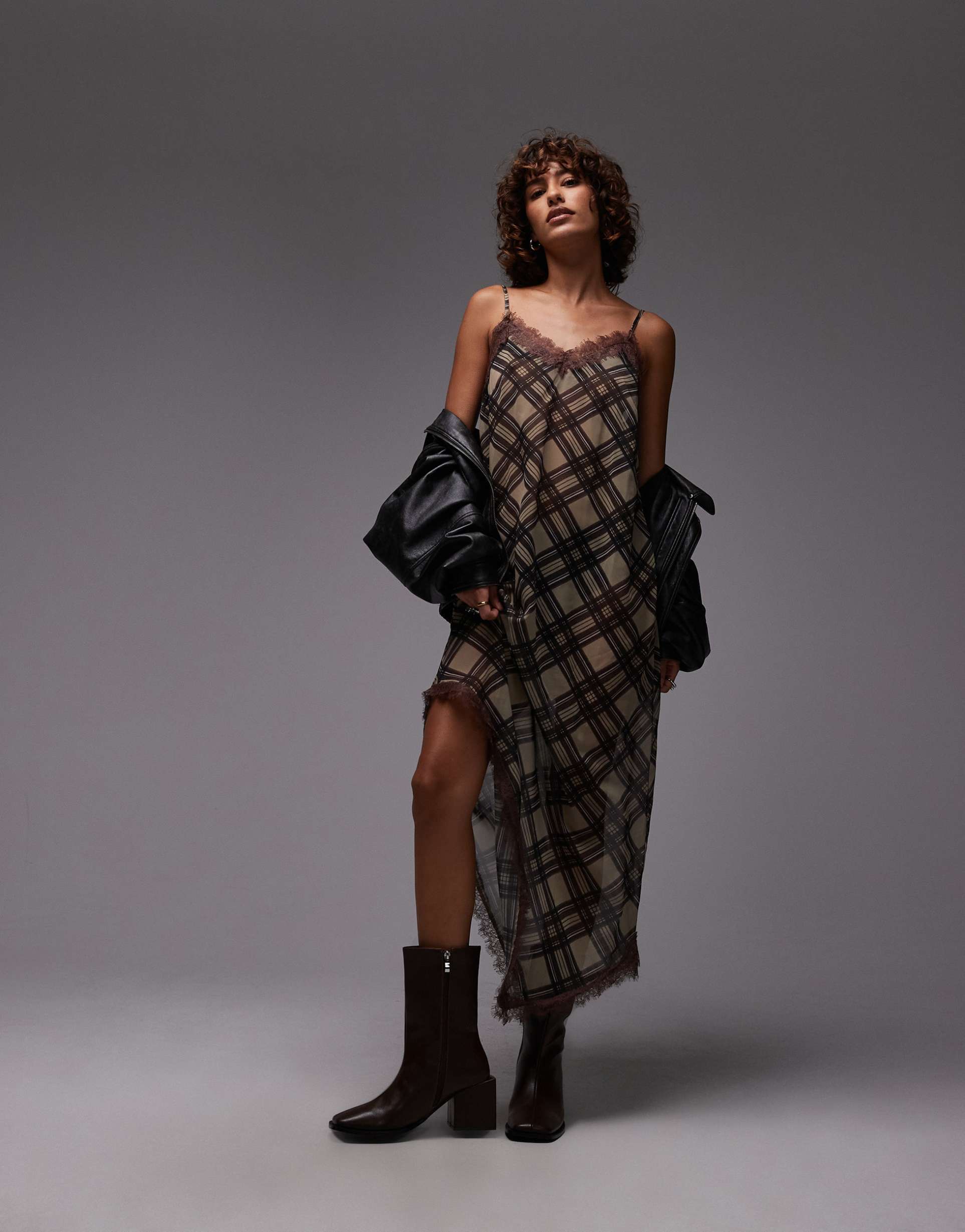 reclaimed vintage sheer layering midi dress with asymmetric hem in chocolate brown check