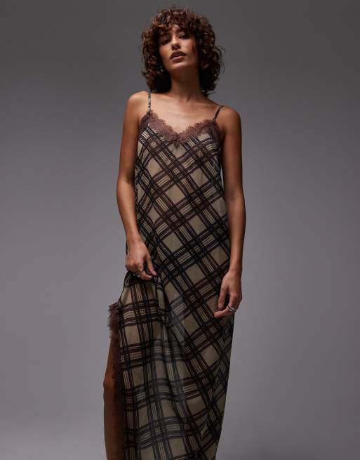 Reclaimed Vintage sheer layering midi dress with asymmetric hem in chocolate brown check-Multi