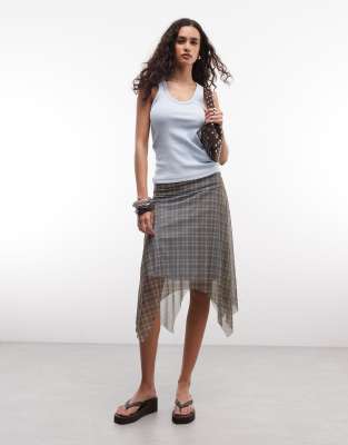 Reclaimed Vintage sheer plaid asymmetric midi skirt in khaki - part of a set
