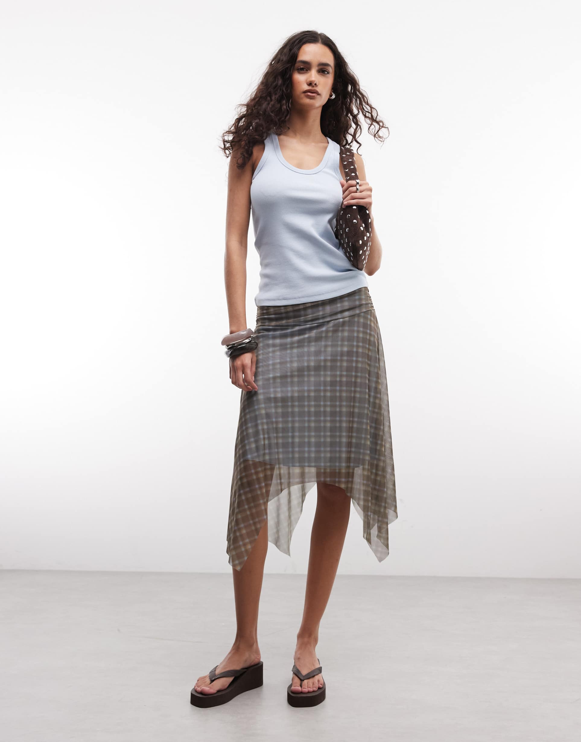 reclaimed vintage sheer plaid asymmetric midi skirt in khaki - part of a set