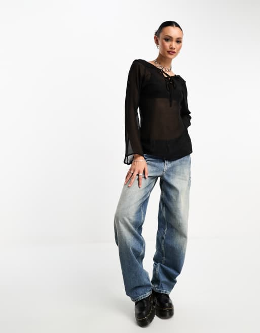 Black jeans with ruffle hot sale bottom