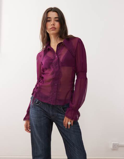 Reclaimed Vintage sheer shirt with exaggerated collar in purple