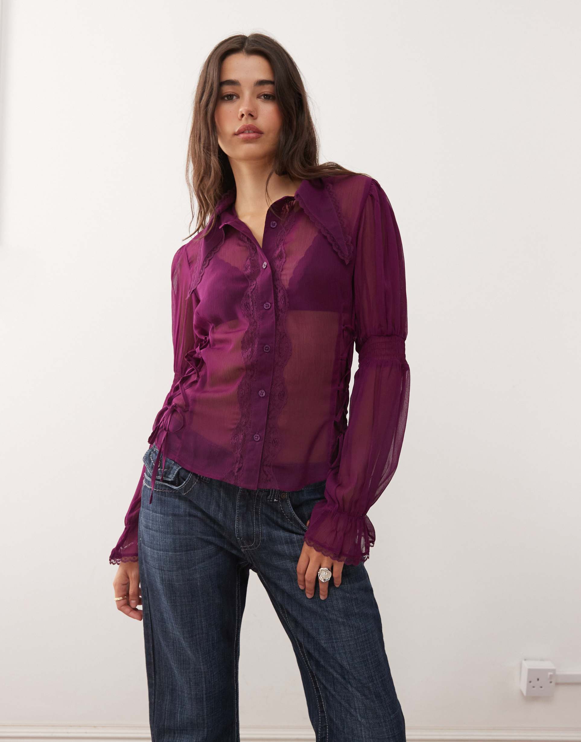 reclaimed vintage sheer shirt with lace up sides and exaggerated collar in plum
