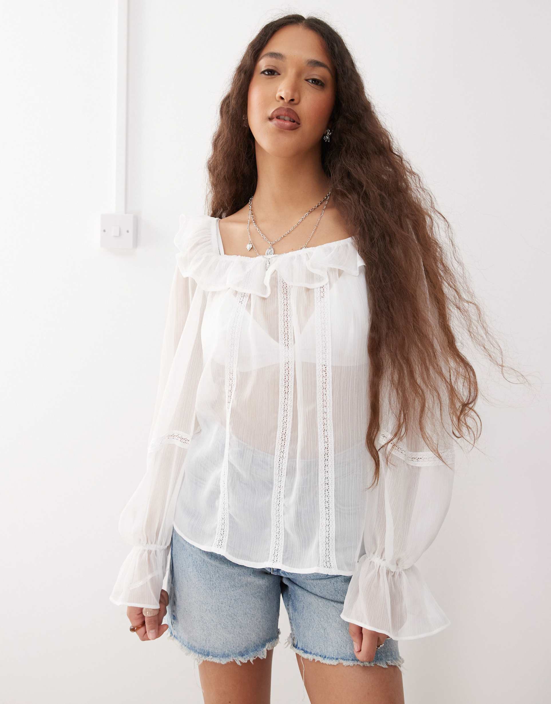 reclaimed vintage sheer square neck top with ruffles and lace trim in white