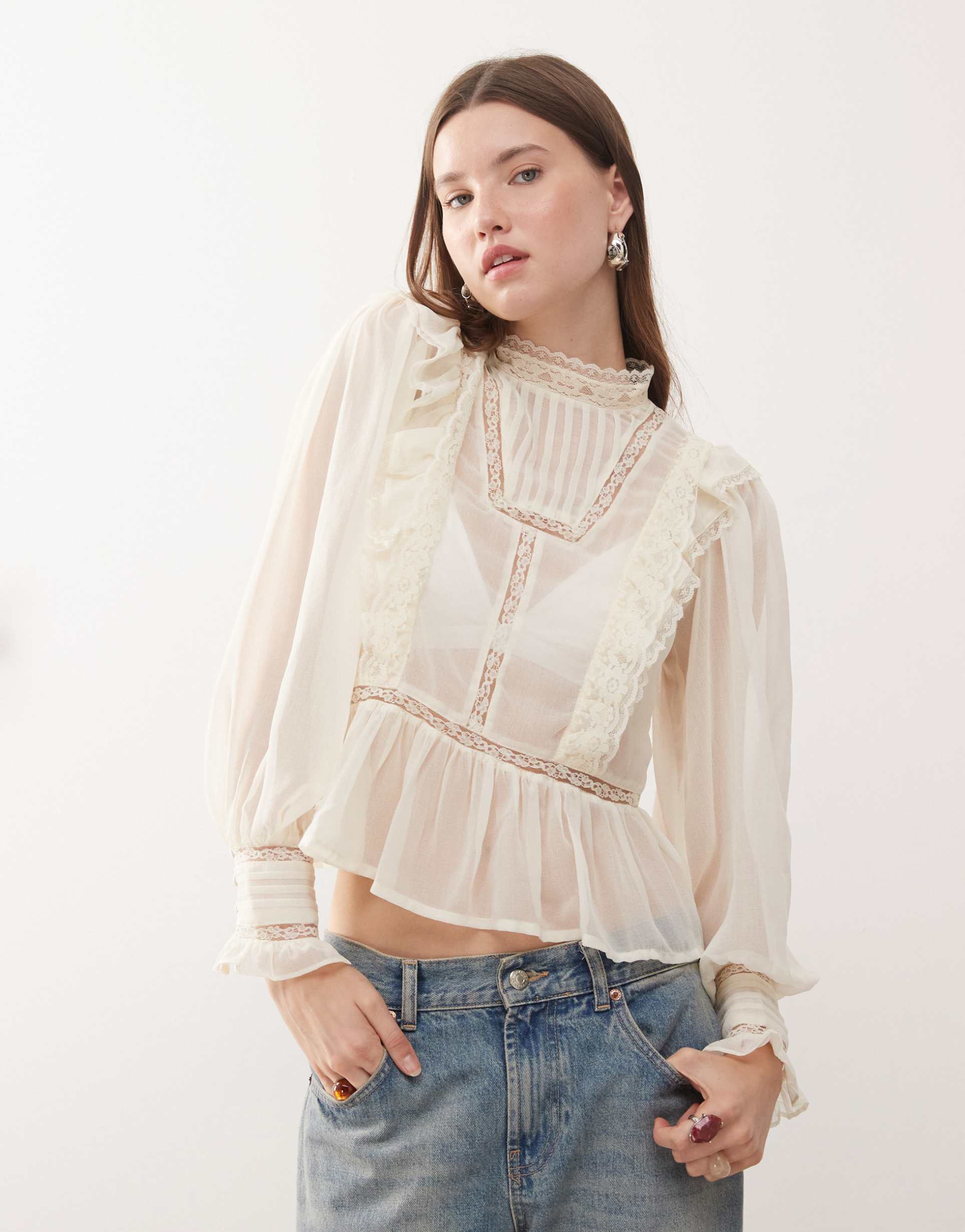 reclaimed vintage sheer tea top with pintucks and high neck in off white