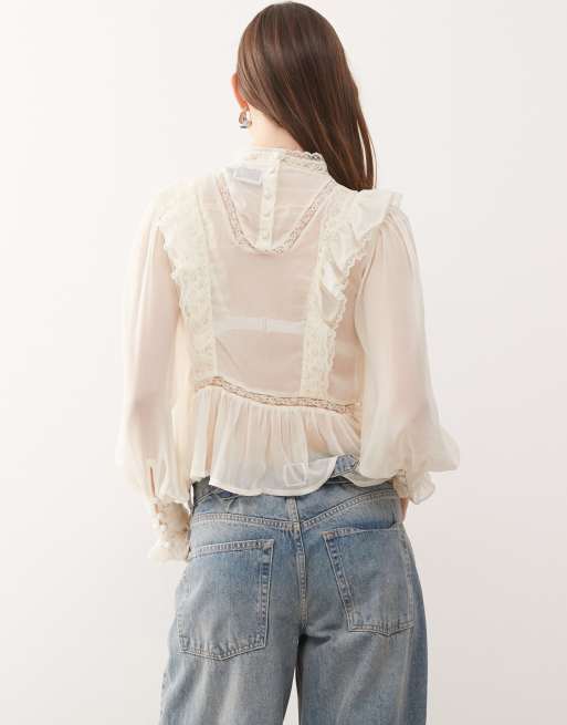 Reclaimed Vintage sheer tea top with pintucks and high neck in off white, 3 of 4