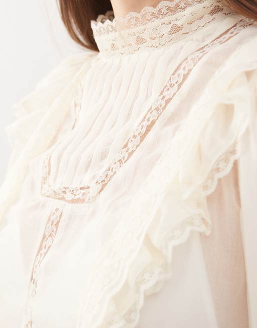 Reclaimed Vintage sheer tea top with pintucks and high neck in off white, 4 of 4