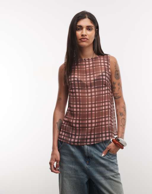 Reclaimed vintage sheer tunic top co-ord in check
