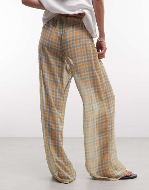 Reclaimed Vintage sheer wide leg pants in beige check, 5 of 5