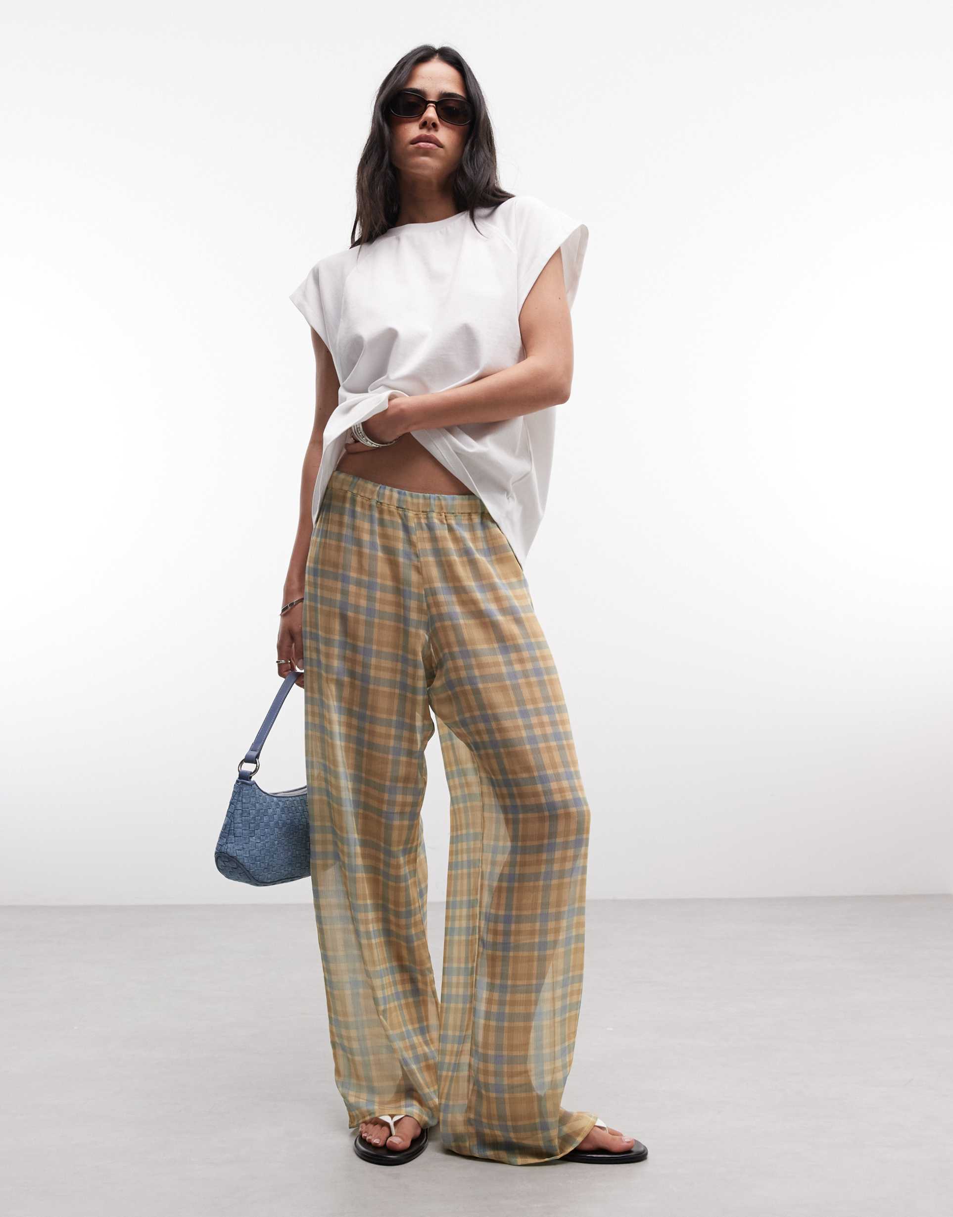 reclaimed vintage sheer wide leg pants in plaid