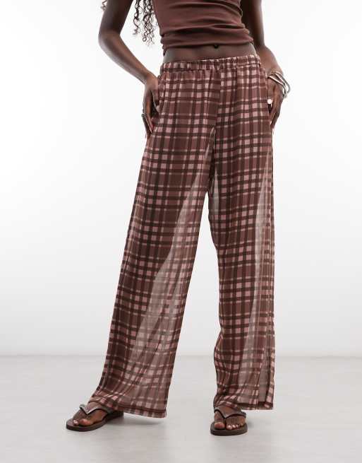 Reclaimed vintage sheer wide leg trouser in red check, 2 of 5