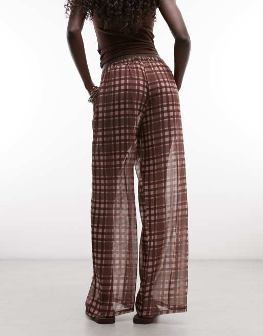 Reclaimed vintage sheer wide leg trouser in red check, 3 of 5