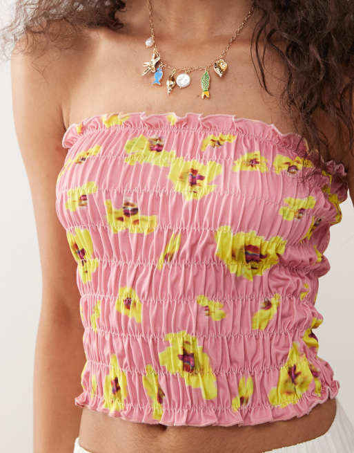 Reclaimed Vintage shirred bandeau top in pink daffodil print, 3 of 4