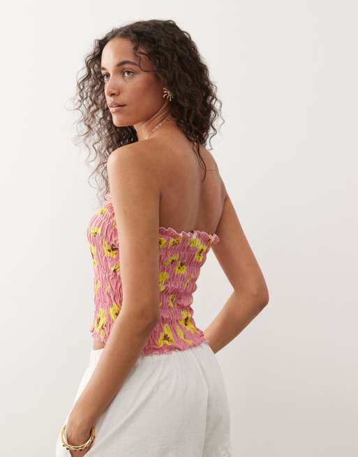 Reclaimed Vintage shirred bandeau top in pink daffodil print, 4 of 4