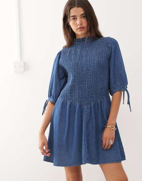 Reclaimed Vintage shirred bodice drop waist mini denim dress in mid blue - view 1