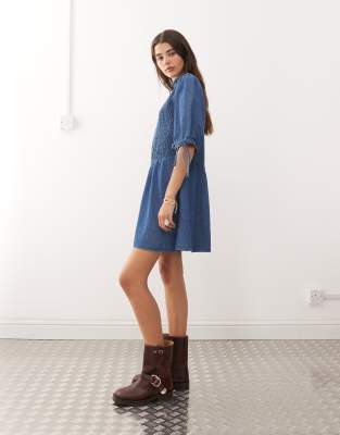 Reclaimed Vintage Shirred Bodice Drop Waist Mini Denim Dress In Blue