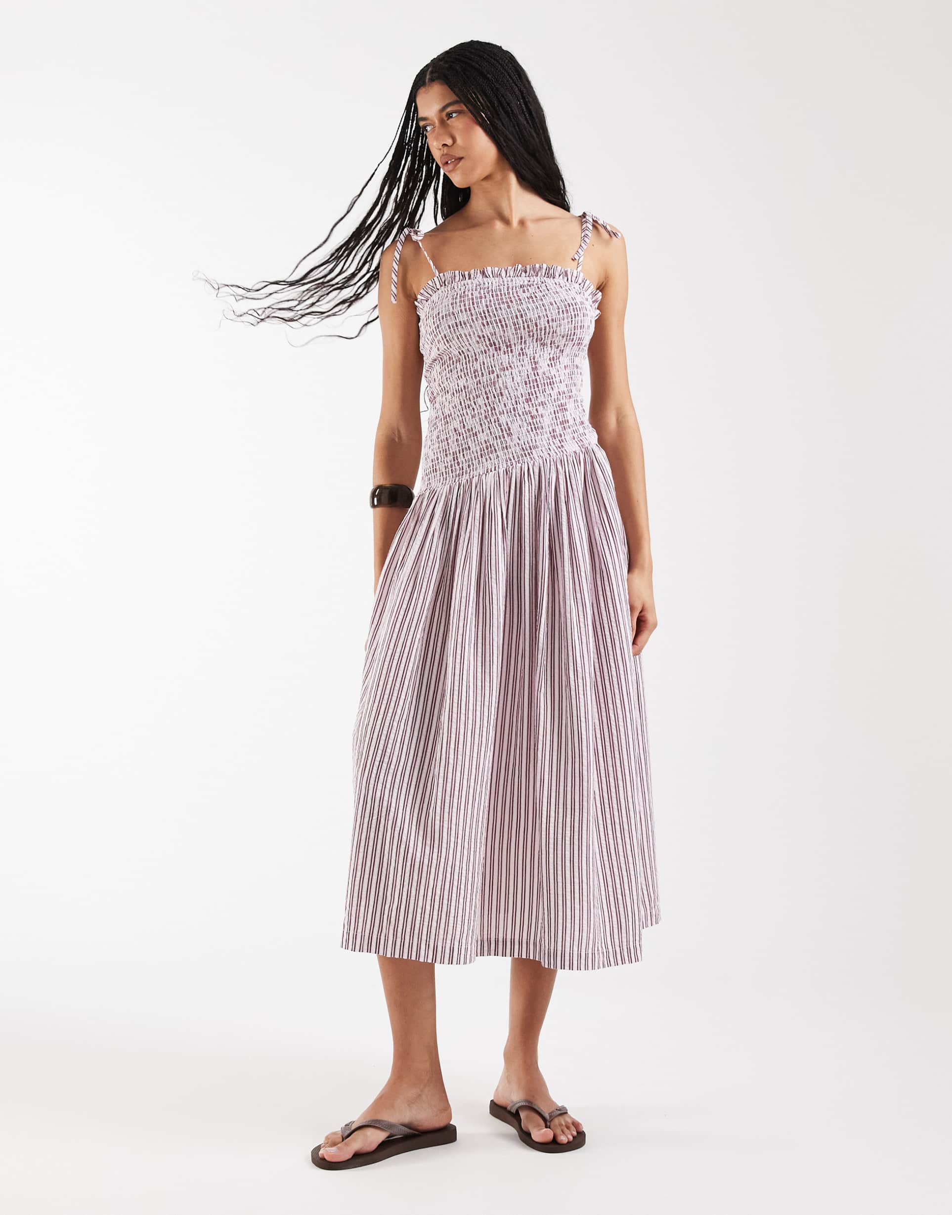 reclaimed vintage shirred bodice sundress in burgundy and cream stripe
