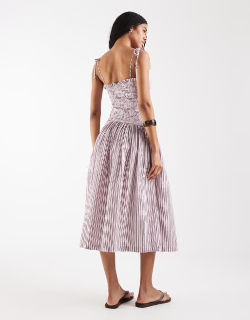 Reclaimed Vintage shirred bodice sundress in burgundy and cream stripe-Multi