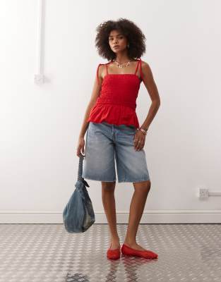 Reclaimed Vintage Shirred Bubble Hem Cami Top With Bow Straps