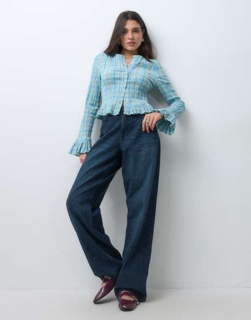 Reclaimed Vintage shirred button through top in check, 2 of 5