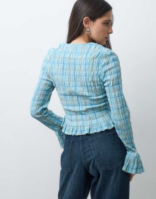 Reclaimed Vintage shirred button through top in check, 3 of 5