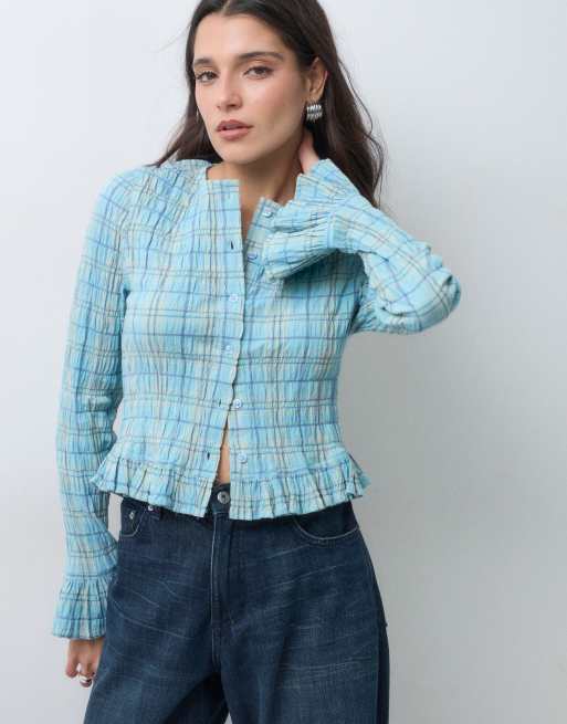 Reclaimed Vintage shirred button through top in check, 4 of 5
