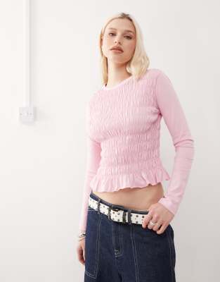 Reclaimed Vintage Shirred Long Sleeve Top In Pink