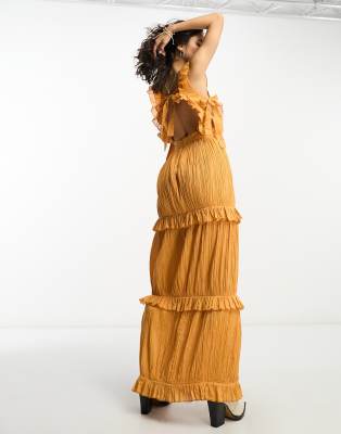 shirred ruffle maxi dress in spice orange