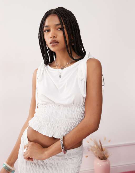 Reclaimed Vintage shirred tie shoulder tank in cream (part of a set)