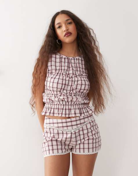 Reclaimed Vintage shirred top with seam details in pink check - view 1