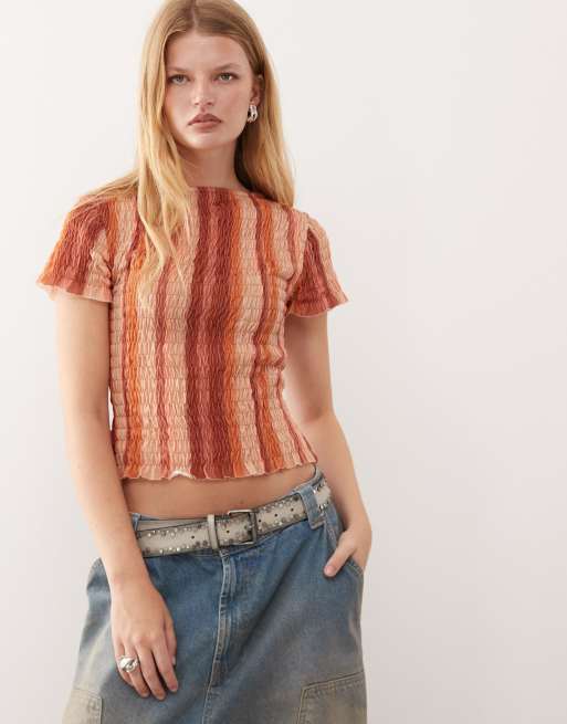 Reclaimed Vintage shirred top with vertical stripe in pink