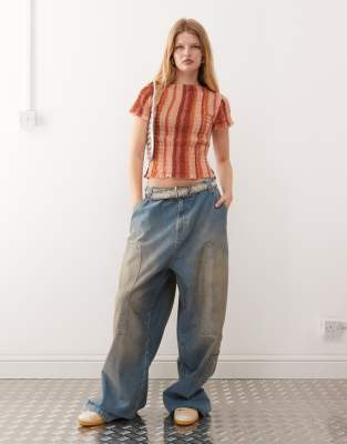 Reclaimed Vintage Shirred Top With Vertical Stripe In Pink