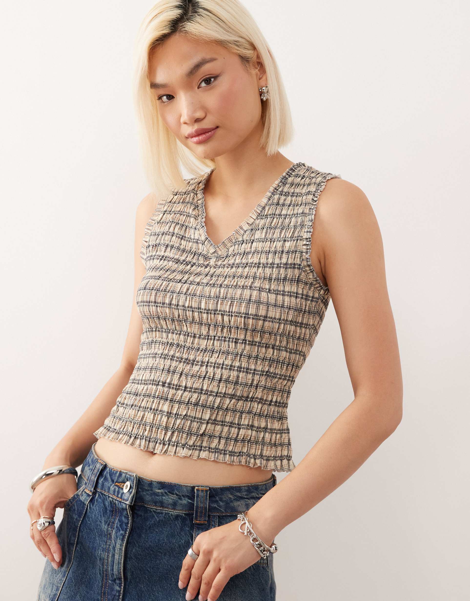 reclaimed vintage shirred v neck tank in neutral check print