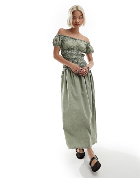 Reclaimed Vintage shirred waist maxi dress in washed green - view 1