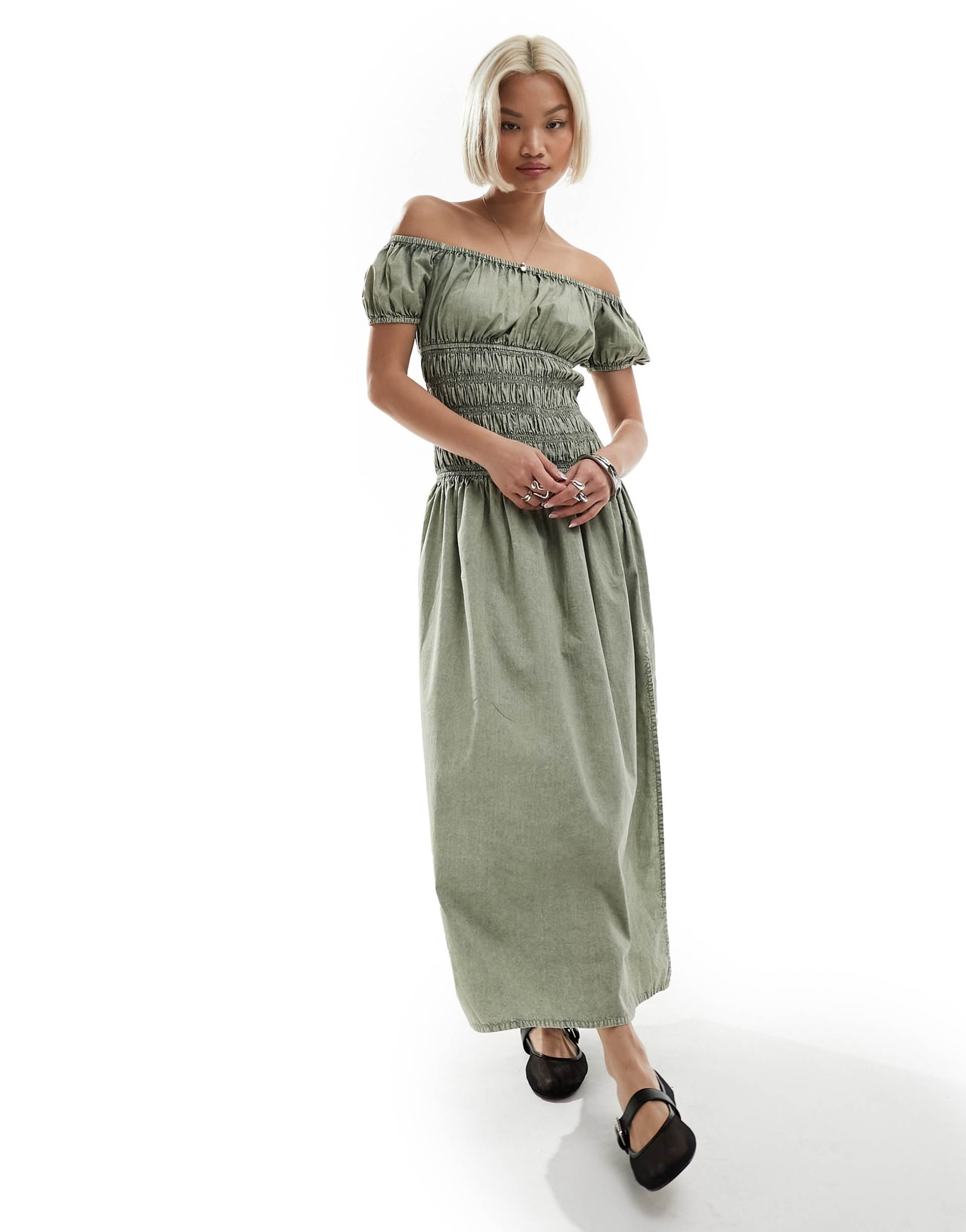 reclaimed vintage shirred waist maxi dress in washed green