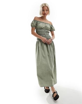 Reclaimed Vintage shirred waist maxi dress in washed khaki